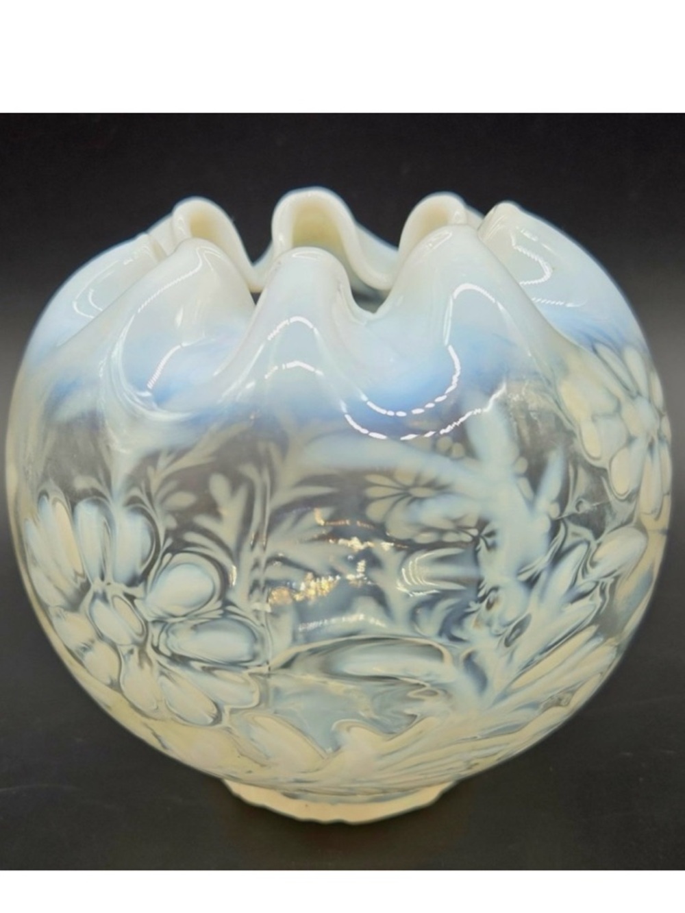 Vintage Fenton Opalescent Daisy & Fern Glass Rose Bowl – Ruffled Edge